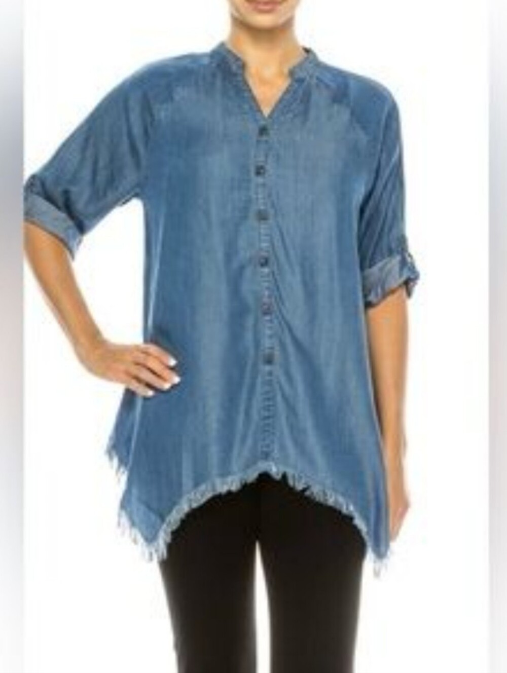 Hester & Orchard Chambray Tencel Button Up Shirt Tunic Fringe Sharkbite Hem S